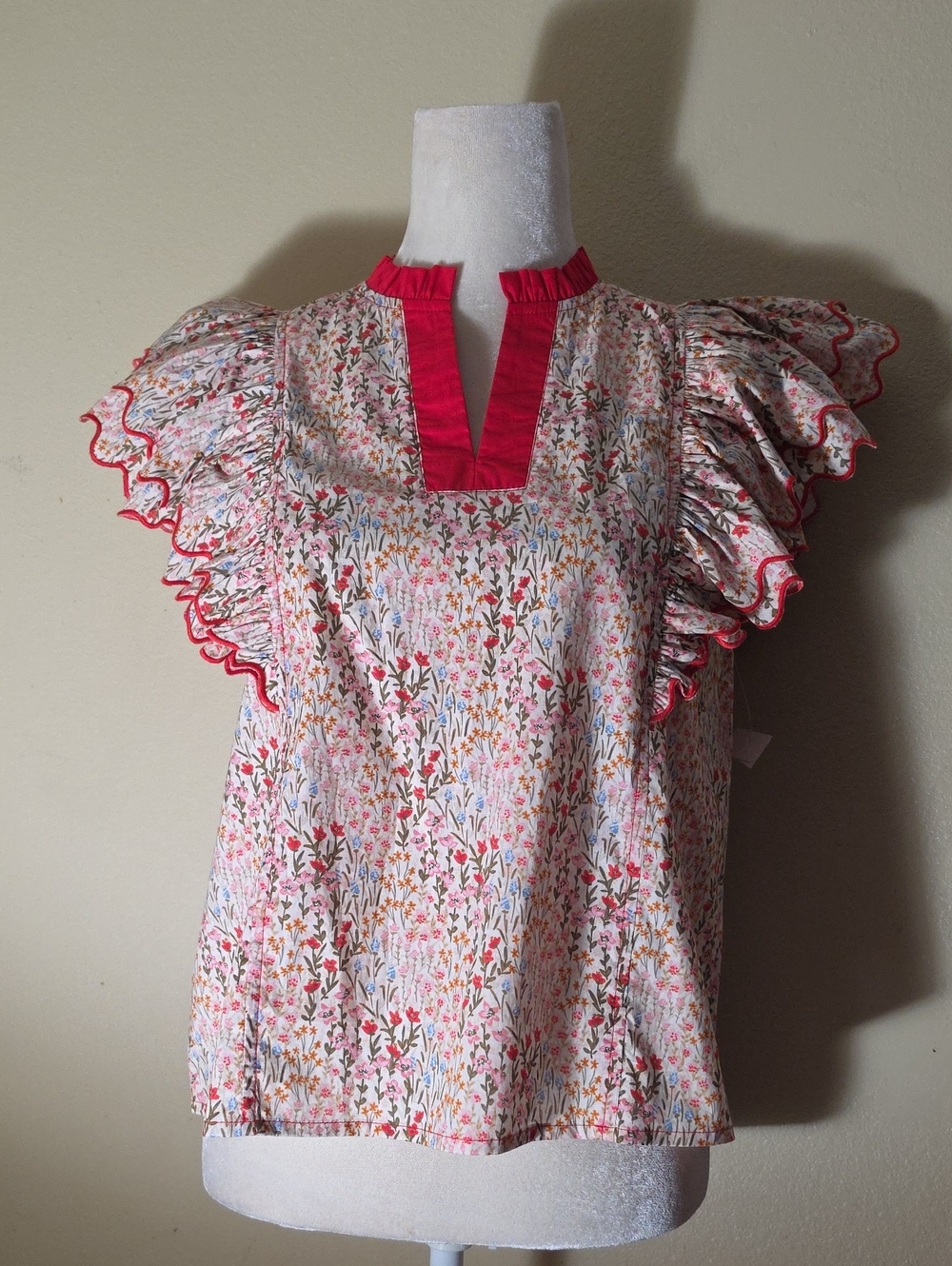 JODIFL Floral Ruffle Top with Red Trim